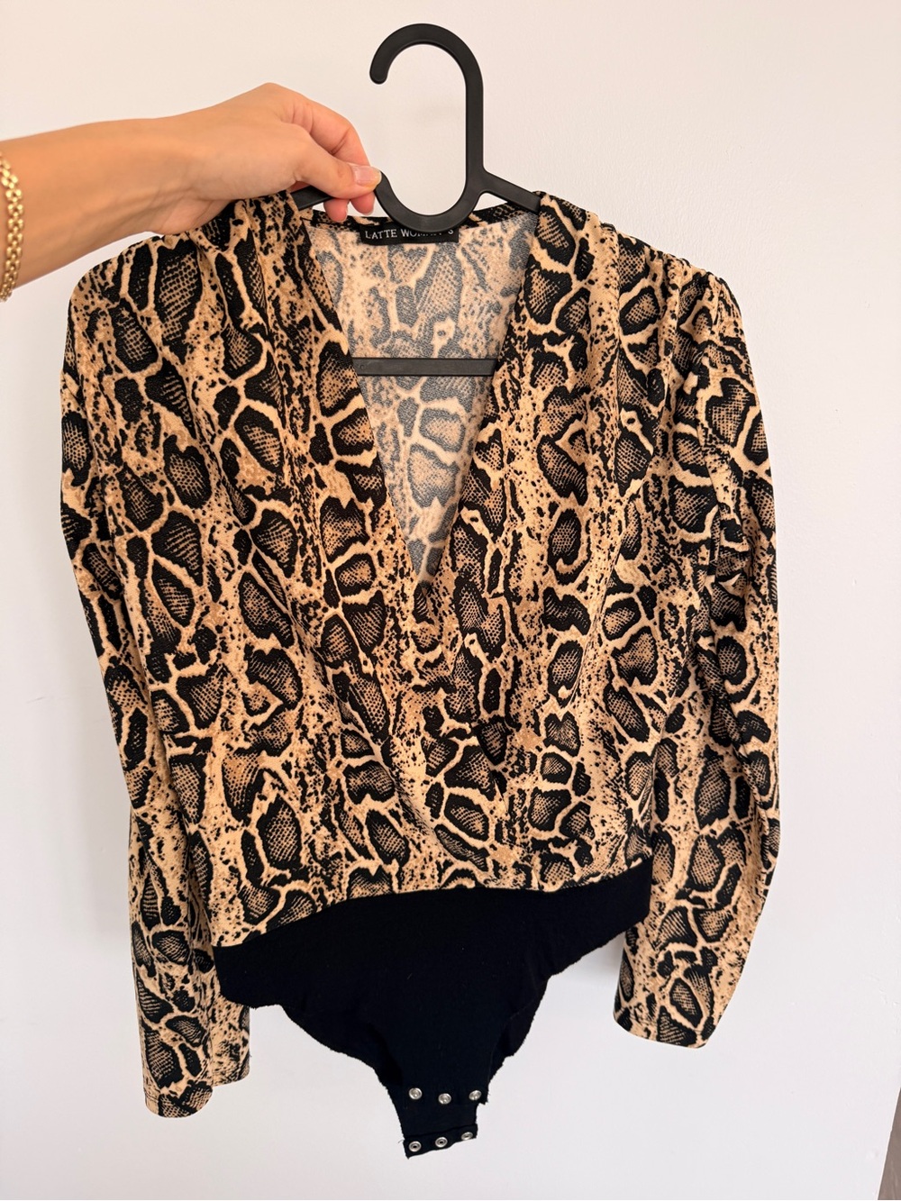 Snake Print Surplice Bodysuit in Tan and Black